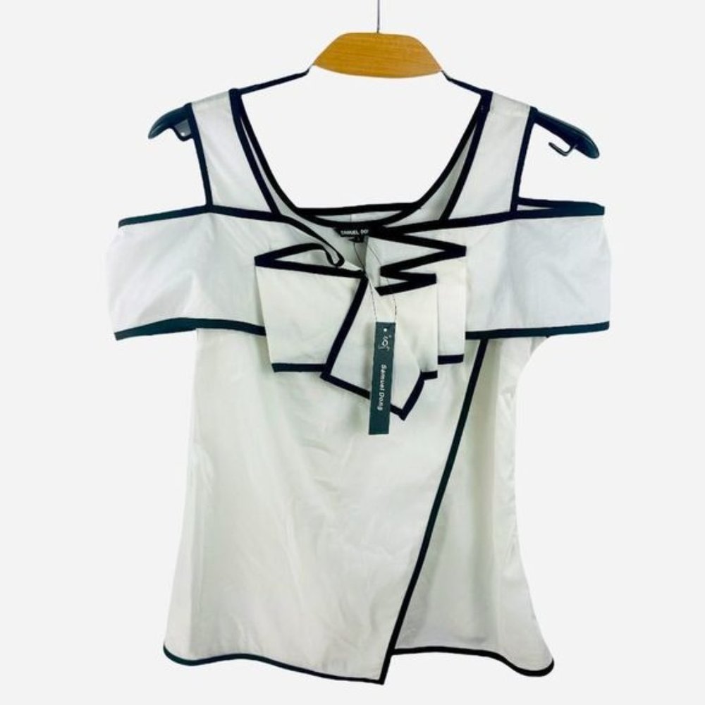 NWT Samuel Dong White Ruffle Cotton Blouse w/ Black Trim Size S